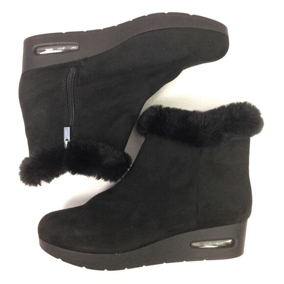 DKNY Faux Fur Trim Textile Upper Almond Toe Side Zip Black Wedge Ankle Bootie 11 - Picture 8 of 13